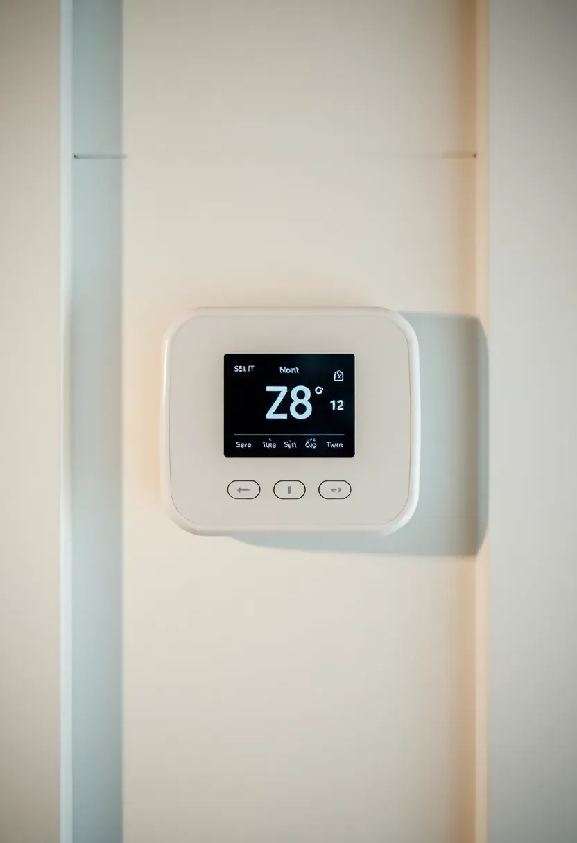 Hyper-realistic close-up view of modern programmable thermostat mounted on tiny house wall. Materials: white minimalist digital thermostat with touch display, light wood shiplap wall background, painted white trim. Soft ambient light reflecting on thermostat screen showing temperature, clean contemporary technology integration mood. Shallow depth of field, sharp details on thermostat interface and wall texture, visible tiny house context with properly wired installation. No text, no logos, no watermarks.</p>