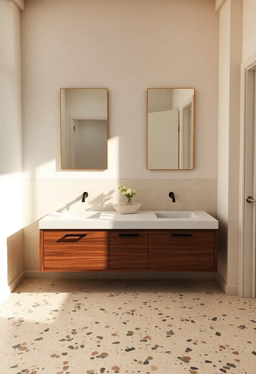 Terrazzo bathroom floor with multicolored stone chips in cream base under double vanity