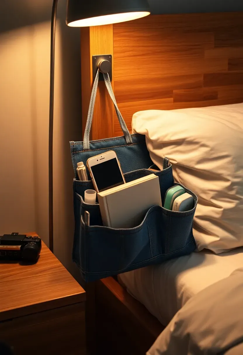 DIY fabric bedside caddy attached to a teen bed frame with pockets for phone, books, and glasses — no-nightstand small room solution