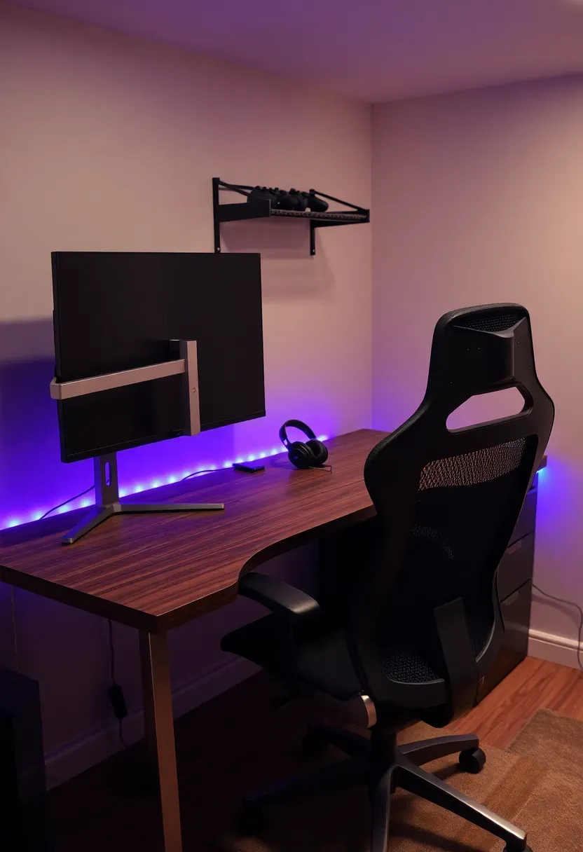 Basement gaming station with two large monitors side by side on a wide desk, ergonomic gaming chair, RGB LED strips along the desk edge, headset stand, and controller rack on the wall behind