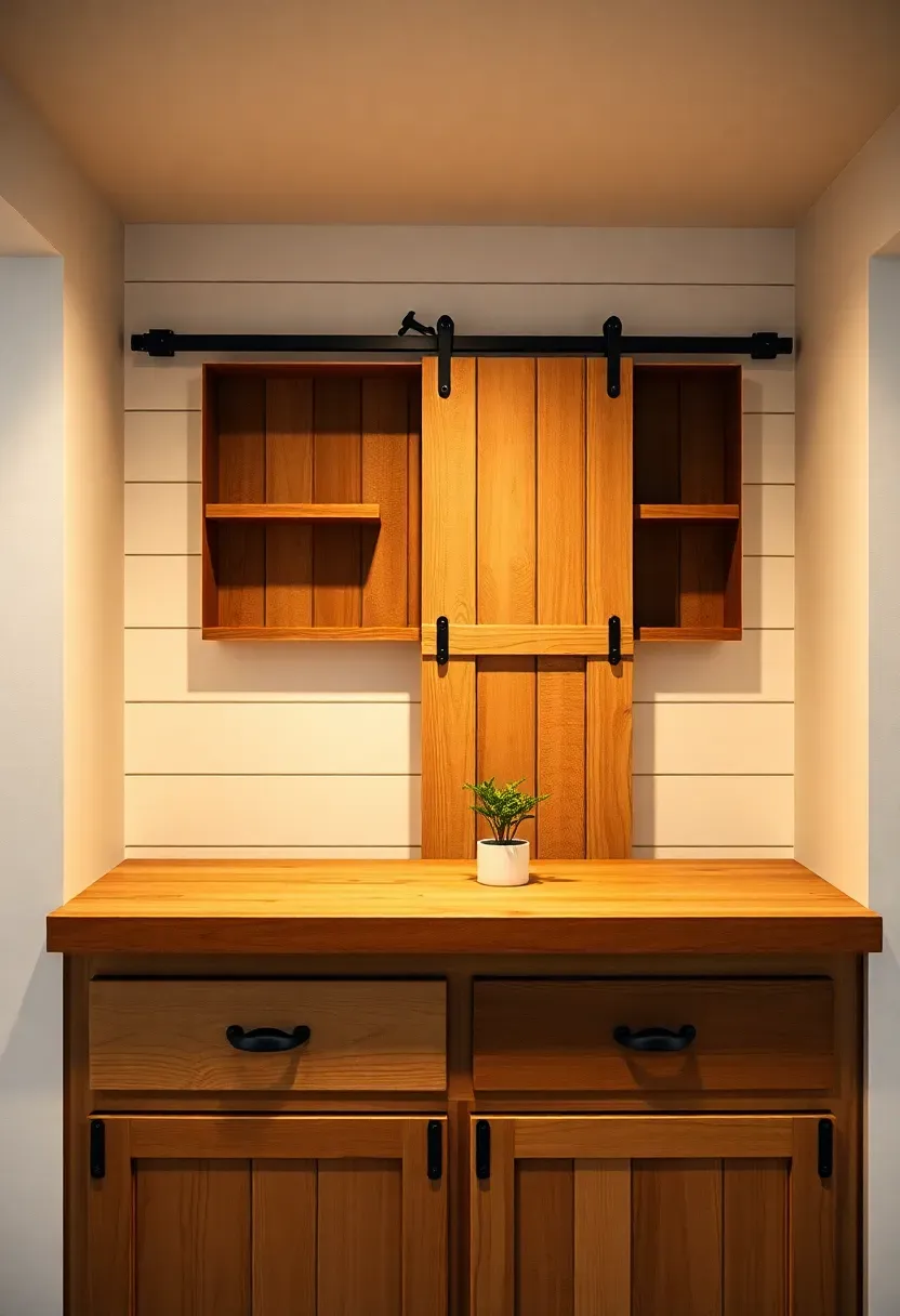 farmhouse style basement bar with sliding barn door bottle storage shiplap walls and wrought iron fixtures