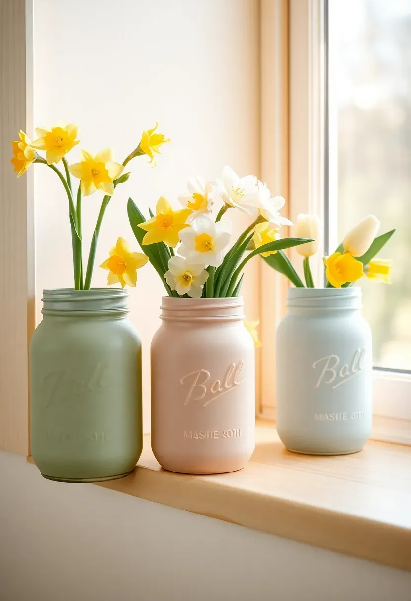 painted mason jar vases in pastel colors filled with fresh daffodils and tulips on a windowsill