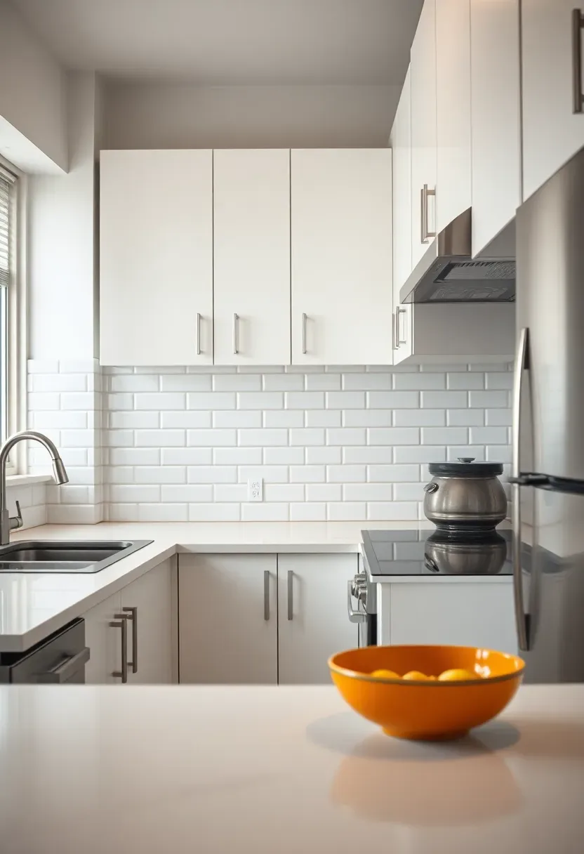 peel and stick vinyl backsplash tile in a rental kitchen with white cabinets and stainless appliances