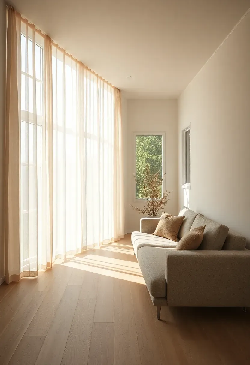 Hyper-realistic 3/4 view of a tiny house with large windows, minimal sheer curtains, abundant natural light filling the space, white oak floor, low sofa. Materials: linen sheer panels, white oak floor, linen sofa, matte white walls. Bright diffused daylight, creamy neutrals with soft glow. Mood: bright, airy, expansive. Shallow depth of field, sharp details, balanced composition, soft shadows, visible room context. No text, no logos, no watermarks.</p>