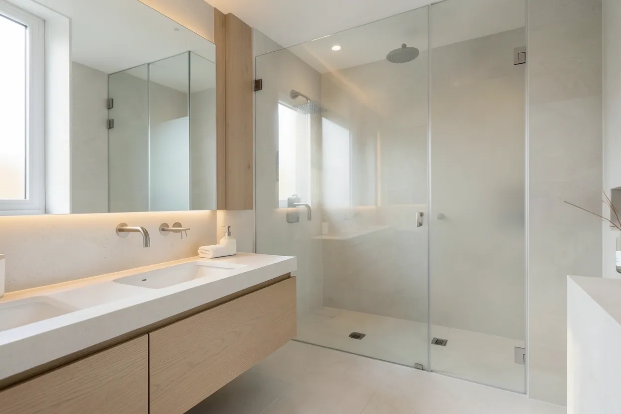 Modern bathroom with floating vanity, matte black fixtures, and large-format neutral tiles for a calm, sleek look