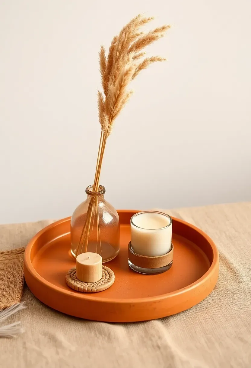 Two round trays stacked on a large coffee table — larger wood tray beneath holding a design book, smaller ceramic tray on top with a single candle