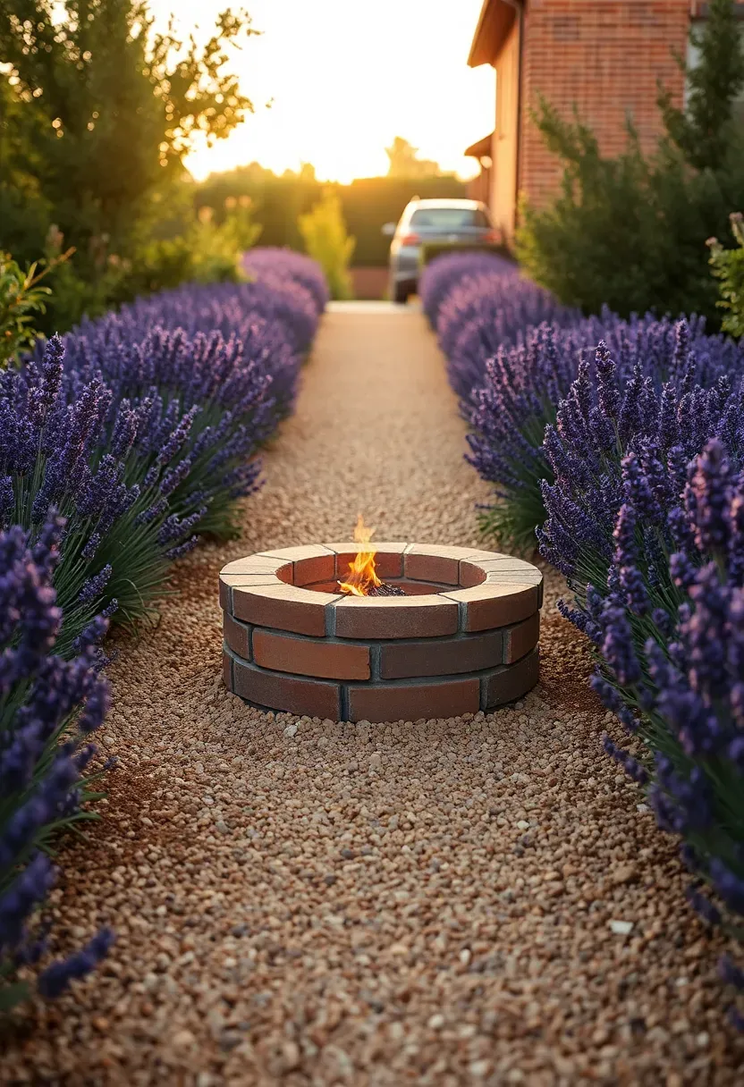 A cottage-style fire pit surrounded by blooming lavender borders and a gravel pathway in a garden setting