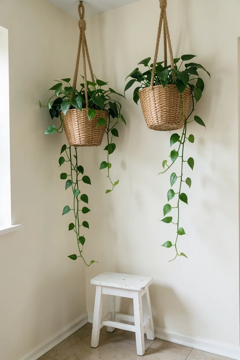 Hyper-realistic eye-level photograph of boho bathroom corner with two hanging plants in natural woven jute baskets suspended from ceiling by natural rope, trailing pothos vines cascading downward, cream wall background, small white stool below. Soft natural light. Materials: natural jute baskets, green plants, rope, painted wood stool. Lush green living boho aesthetic. No text, no logos, no watermarks.</p>