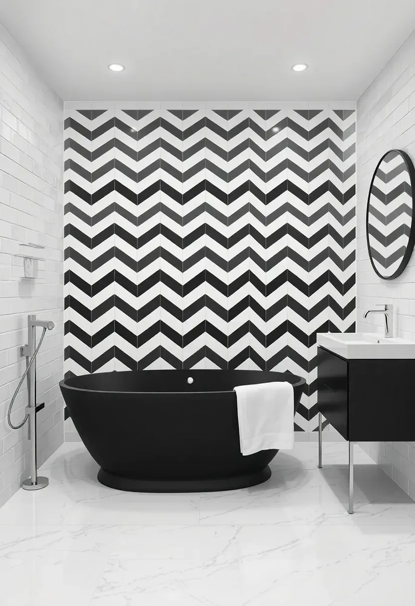 Bold black and white bathroom with geometric tile patterns and striking modern fixtures