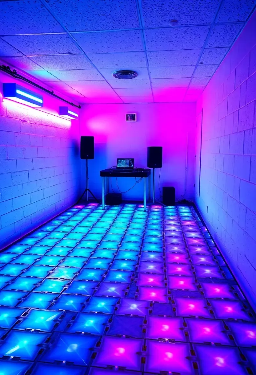 basement dance lounge with LED floor panels color-changing wall lights and small DJ booth