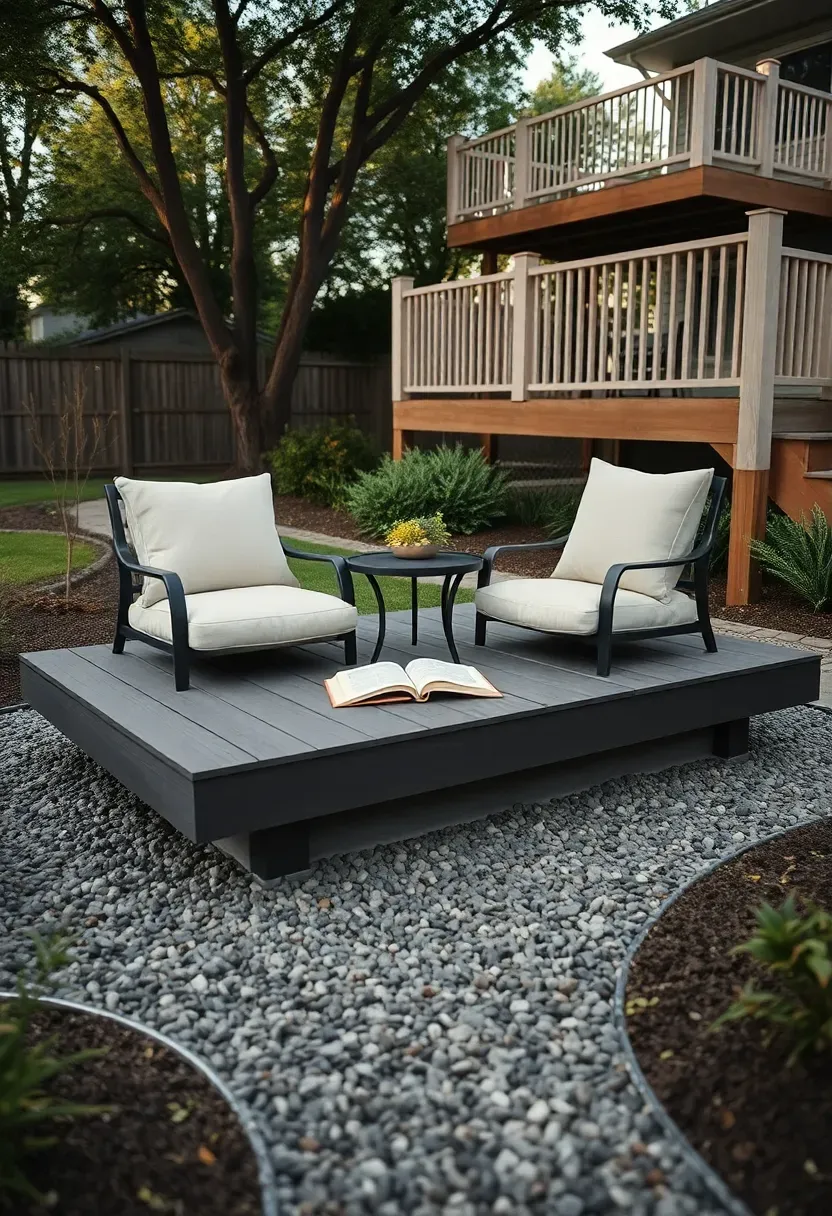 Detached floating lower deck platform with outdoor cushioned seating set apart from the main raised deck by a gravel walkway in a landscaped yard