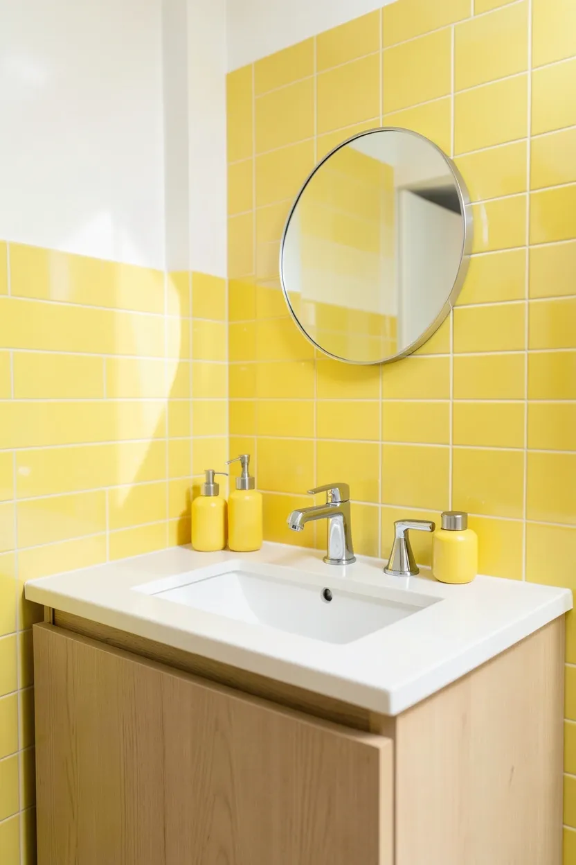 Toca Boca bathroom with sunshine yellow tile backsplash, white walls, and bright accessories in a rental apartment