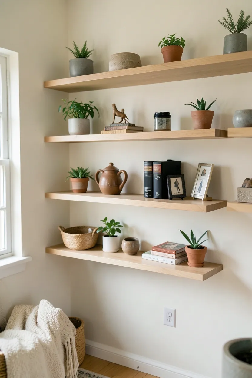 Floating wooden shelves with curated mix of small plants, ceramic objects, and books at 60% coverage on a white wall in a Scandinavian boho rental living room