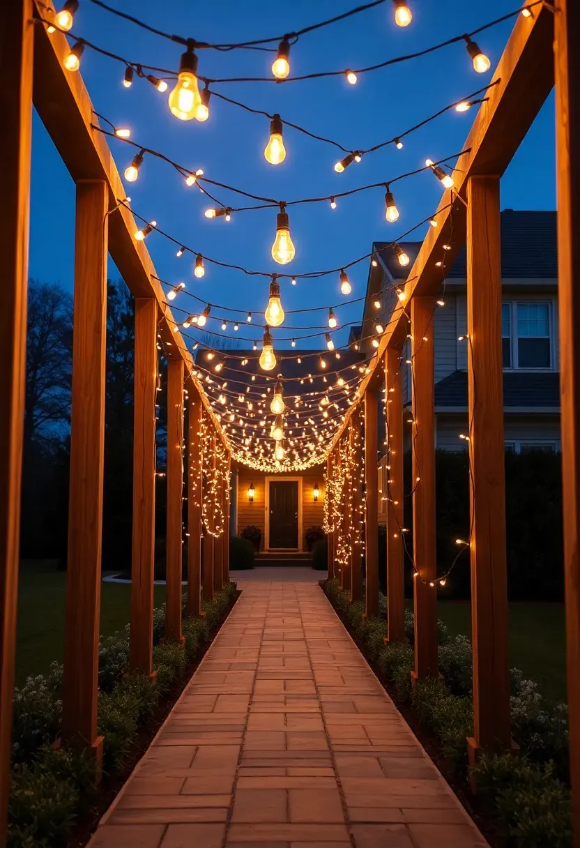 Hyper-realistic 3/4 view of a residential front walkway featuring overhead string lights draped in gentle swags between wooden posts on either side of the path, creating a canopy effect over paver stone walkway. Materials: warm wood posts, black outdoor string lights with exposed Edison-style bulbs, concrete pavers, manicured lawn edges, front porch visible at end. Natural evening darkness with warm golden glow from lights creating intimate tunnel effect, cool blue sky above. Inviting magical mood like boutique hotel entrance holiday display. Shallow depth of field, sharp details on nearest bulbs, gentle composition with visible porch destination, soft shadows on walkway, no text or watermarks.</p>