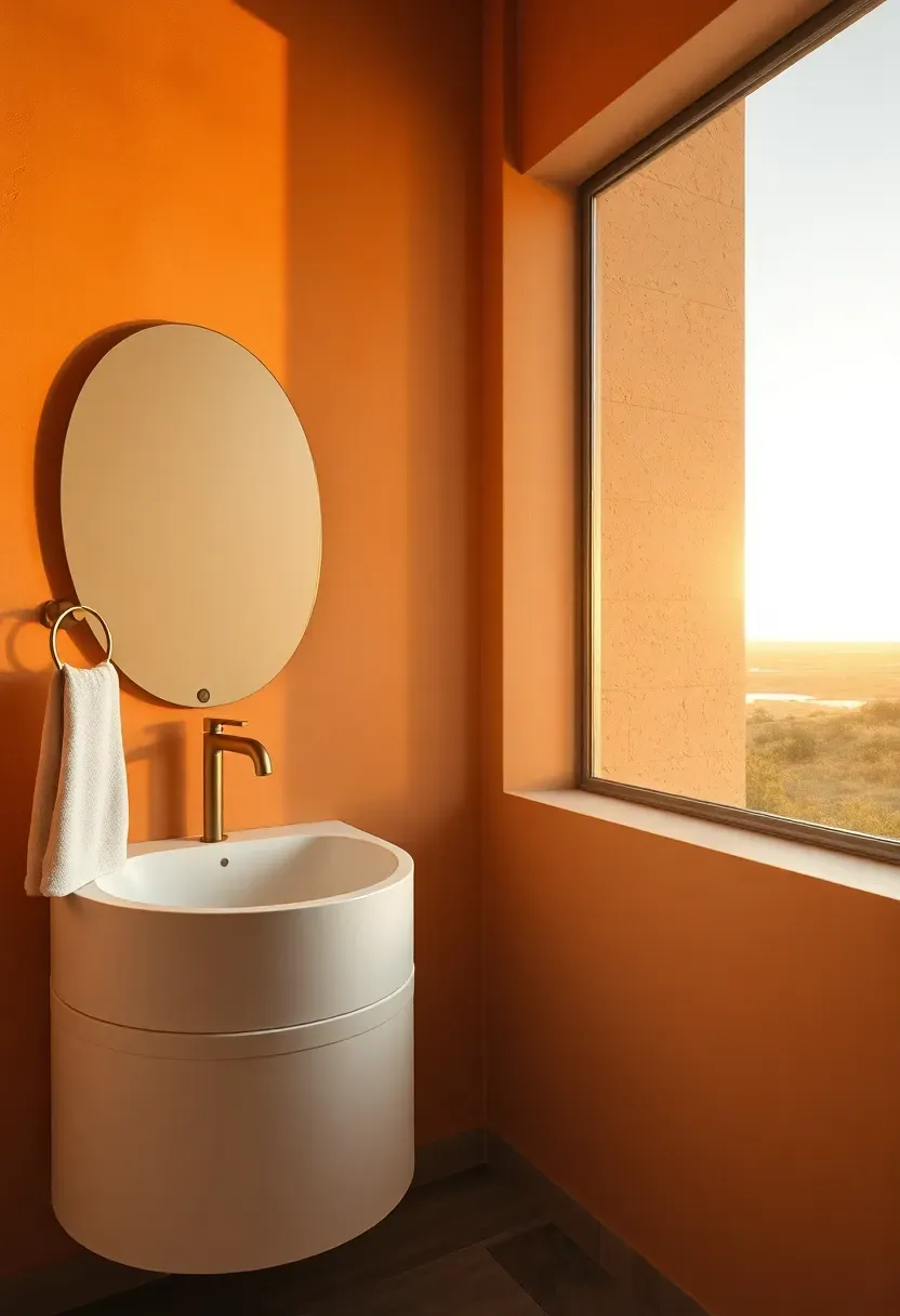 Warm coastal bathroom with terracotta and peach toned walls, a curved white vanity, gold fixtures, and a large window showing a warm sunset glow