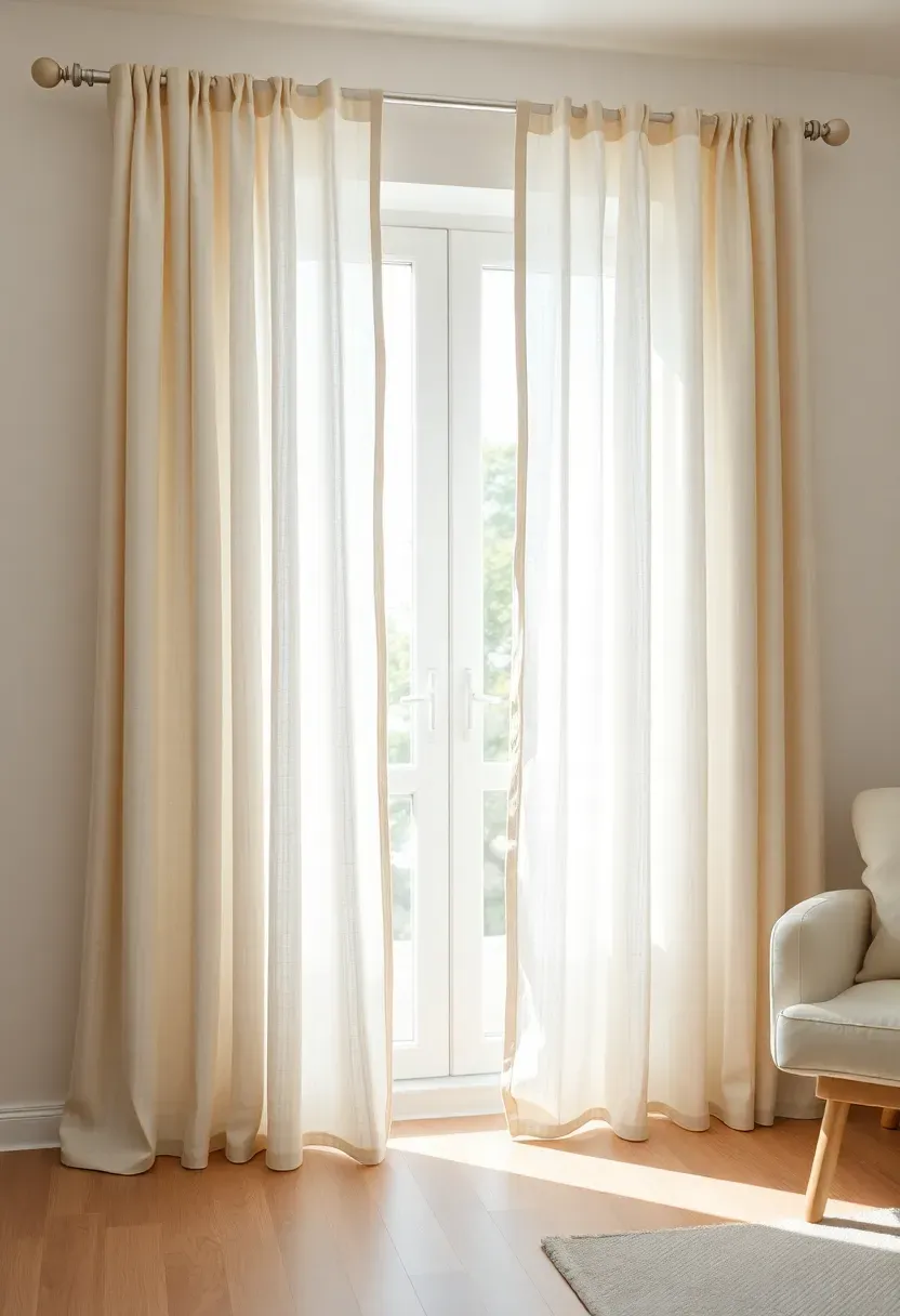Hyper-realistic 3/4 view of Nordic living room windows dressed with floor-to-ceiling linen curtains in off-white, showing the fabric's natural texture and subtle weave, with soft diffused daylight filtering through creating gentle illumination in the room. Light wood floor, white walls, simple furniture. Materials: heavyweight linen with visible slub texture and natural variations, light oak floor, matte walls. Soft filtered light creating peaceful atmosphere. Curtains gathered casually with visible natural drape. Unlined linen emphasizing light transmission. Shallow depth of field showing window and curtains foreground with room context beyond. No text, no logos, no watermarks.</p>