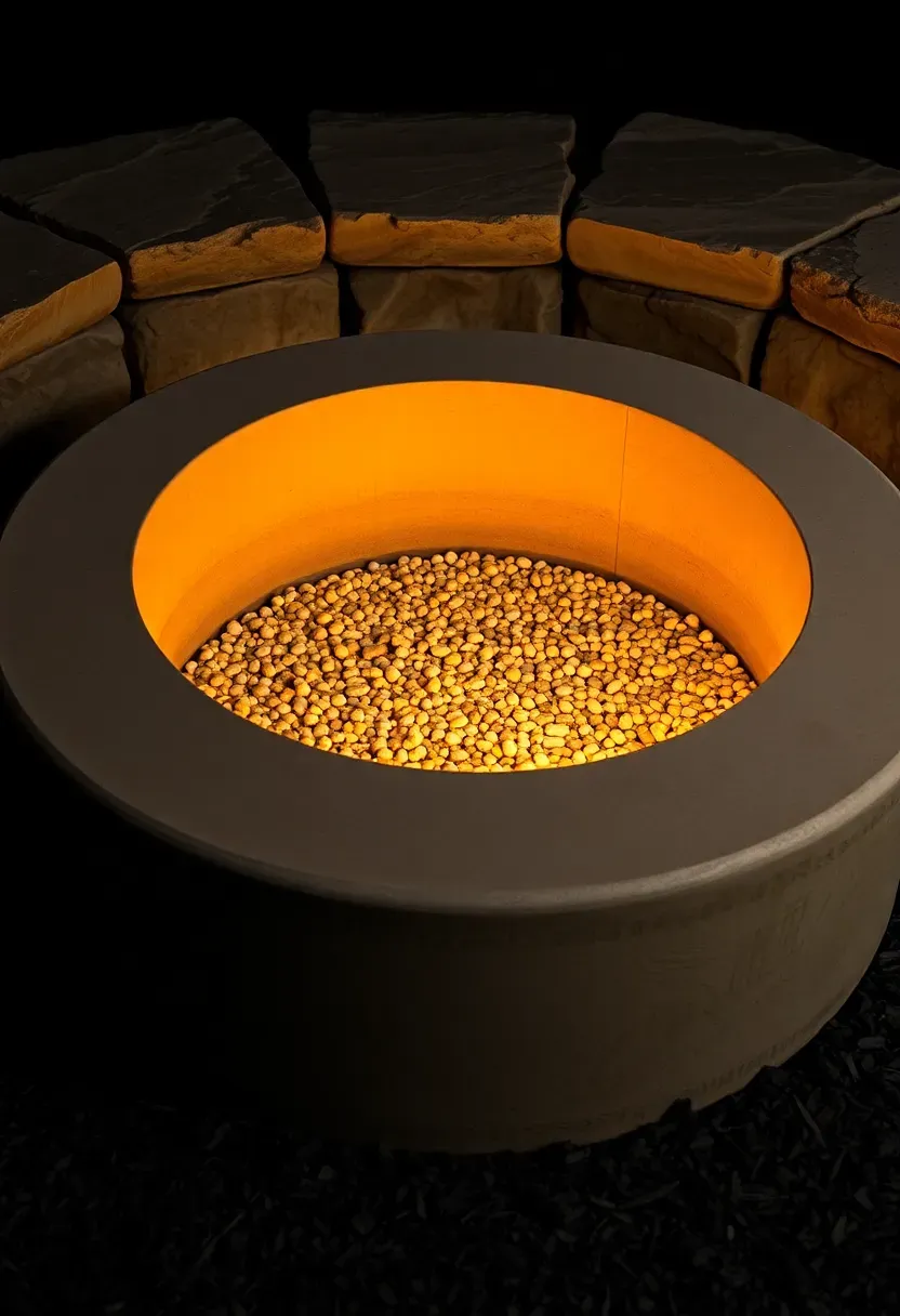 A round concrete fire pit with a subtle warm LED light ring built into the inner rim casting a soft glow on the seating stones around it in a backyard