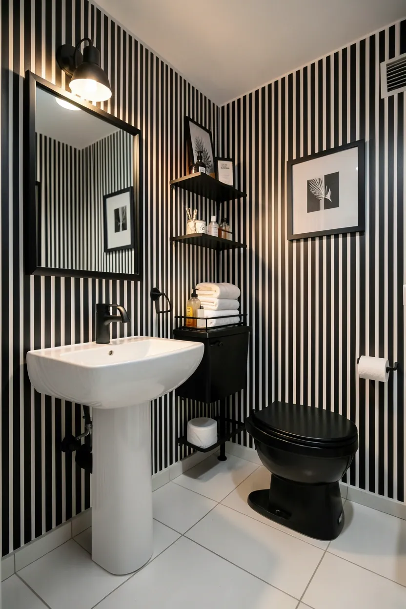 Black and white vertical striped wallpaper on accent wall with simple white subway tile surround — renter-friendly bathroom decor
