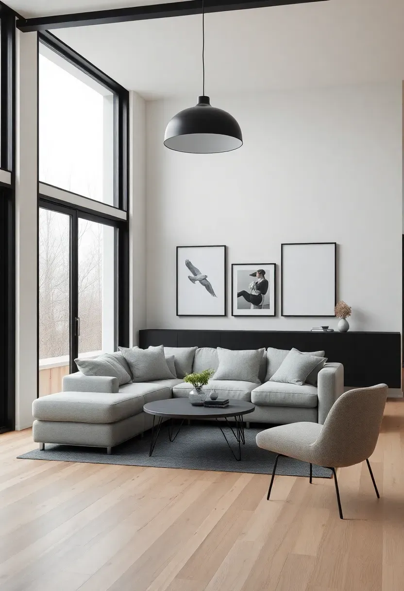 Hyper-realistic wide shot of Scandinavian living room with black accents. White walls, light oak floor, light gray sofa. Black metal window frames with large windows. Black pendant light suspended from ceiling. Black-framed gallery wall with three artworks. Black metal legs on coffee table. High contrast graphic aesthetic. Bright daylight, crisp modern mood. Materials: matte black metal, light oak, gray cotton, white plaster. Strong natural light, sharp architectural details, visible room context, no text, no logos.</p>