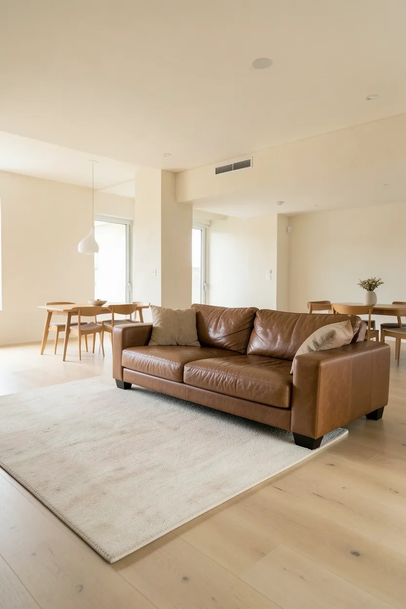 Open floor plan rental apartment with brown couch anchoring the living zone, visible dining area beyond with coordinated neutral palette