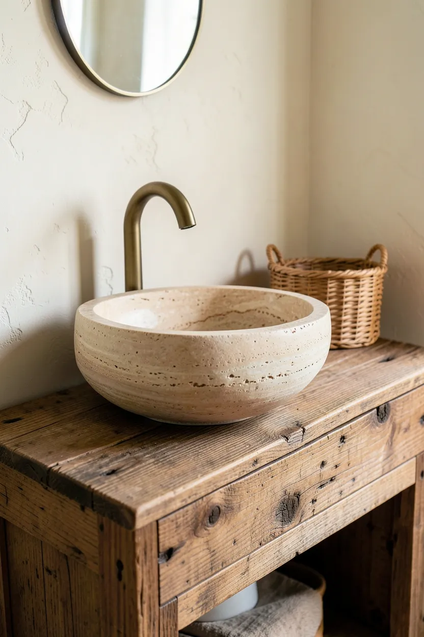 Hyper-realistic 3/4 view of boho bathroom vanity featuring natural travertine stone vessel sink with subtle beige veining, mounted on reclaimed wood vanity base with visible grain and knots, brass gooseneck faucet, small rattan basket on counter, cream plaster wall background. Natural light. Materials: natural travertine stone, reclaimed wood, brass fixtures. Sculptural organic boho vanity centerpiece. Natural stone and wood textures. No text, no logos, no watermarks.</p>