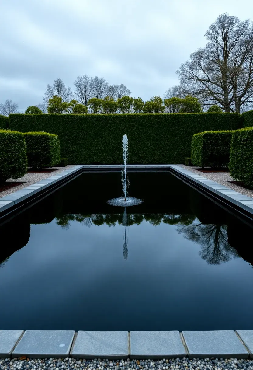 Formal rectangular reflecting pool with dark bottom, symmetrical landscaping, and a single fountain jet in the center