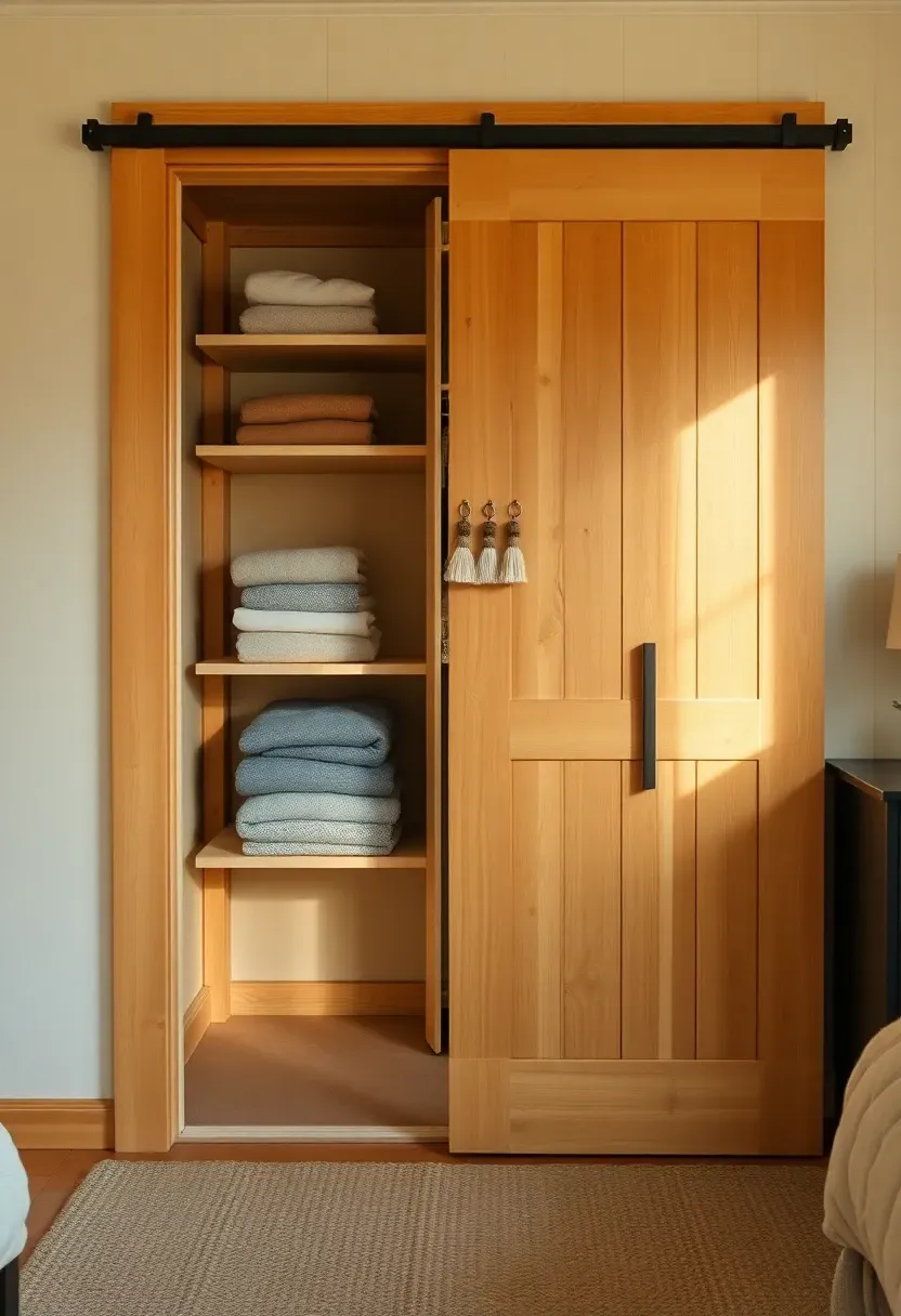 Dutch split barn door with upper half open and lower half closed covering a bedroom closet filled with neatly organized shelves