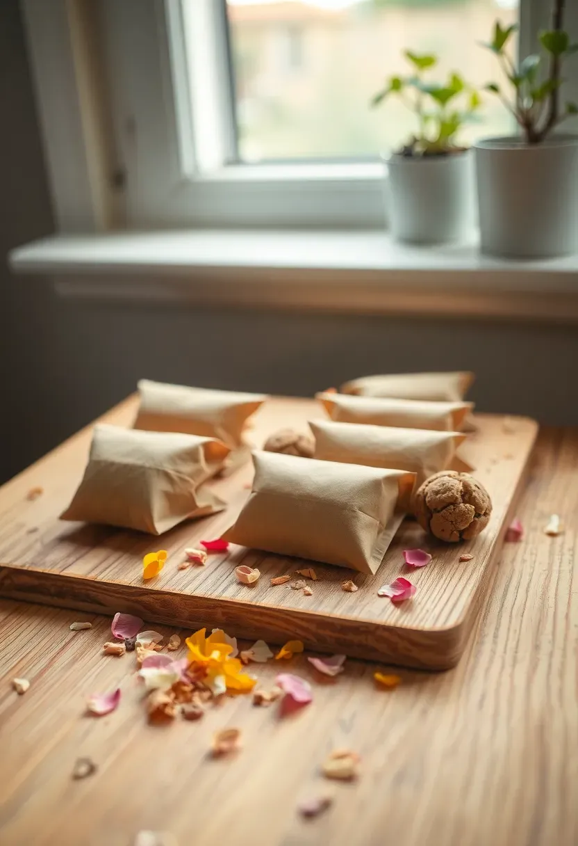 small kraft paper packets of wildflower seed bombs arranged on a wooden board with scattered flower petals