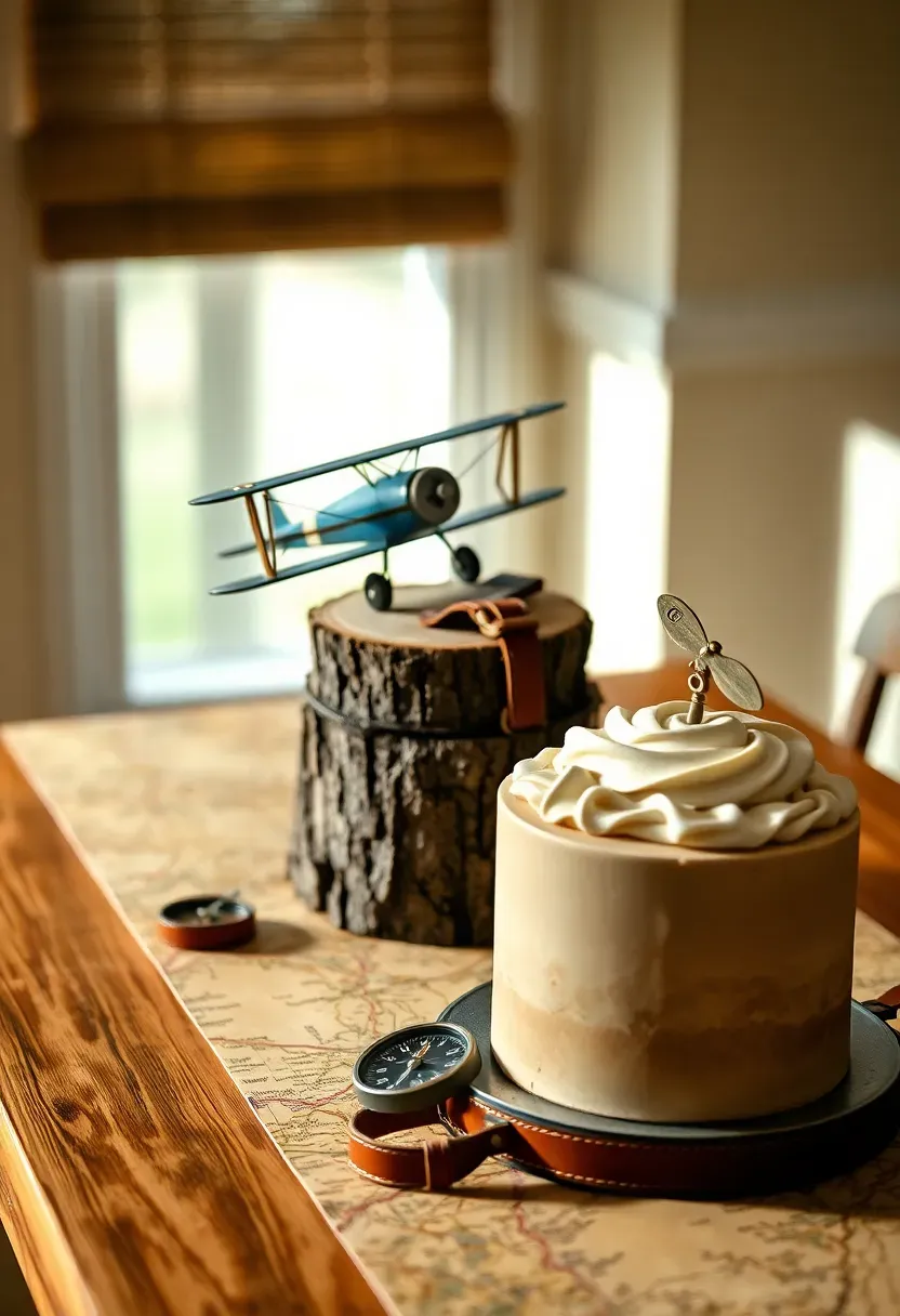 little aviator vintage airplane baby shower table with leather strap suitcase, aviation map runner, and biplane model on birch slice