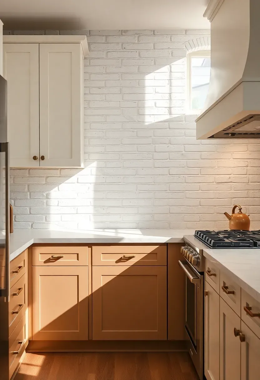 Hyper-realistic 3/4 view of a neutral kitchen with cream-painted exposed brick backsplash. Materials: cream painted brick with visible texture and mortar lines, warm taupe lower cabinets, white upper cabinets, honed marble countertops, unlacquered brass hardware, warm oak flooring. Natural light from window creating shadows on brick texture, warm under-cabinet lighting. Visible brick texture continuing around window and range area. Rustic refined mood. Shallow depth of field showing brick texture, sharp mortar line details. No text, no logos, no watermarks.</p>