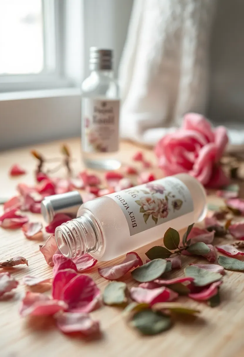 small essential oil roller bottle with a floral label resting on dried rose petals and eucalyptus leaves
