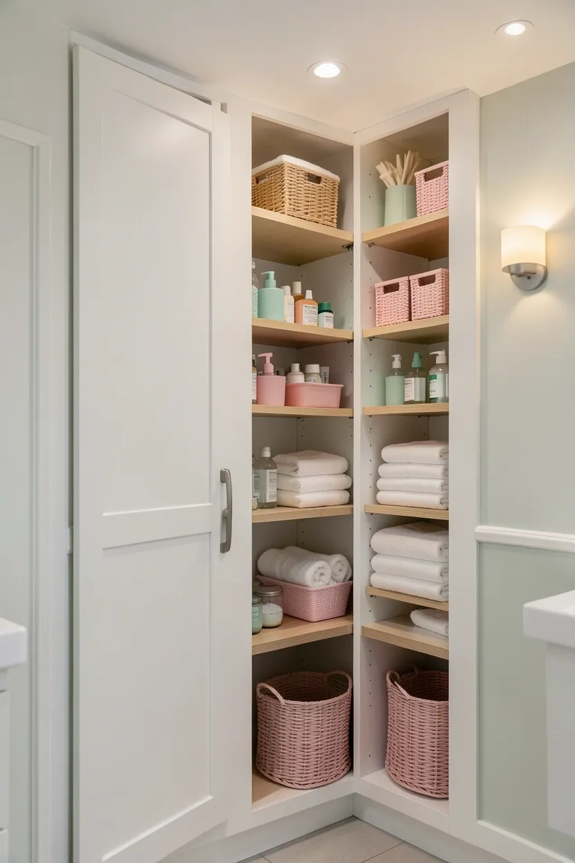 Floor-to-ceiling built-in white cabinet storage in a big family bathroom with open shelves for towels and closed doors hiding supplies