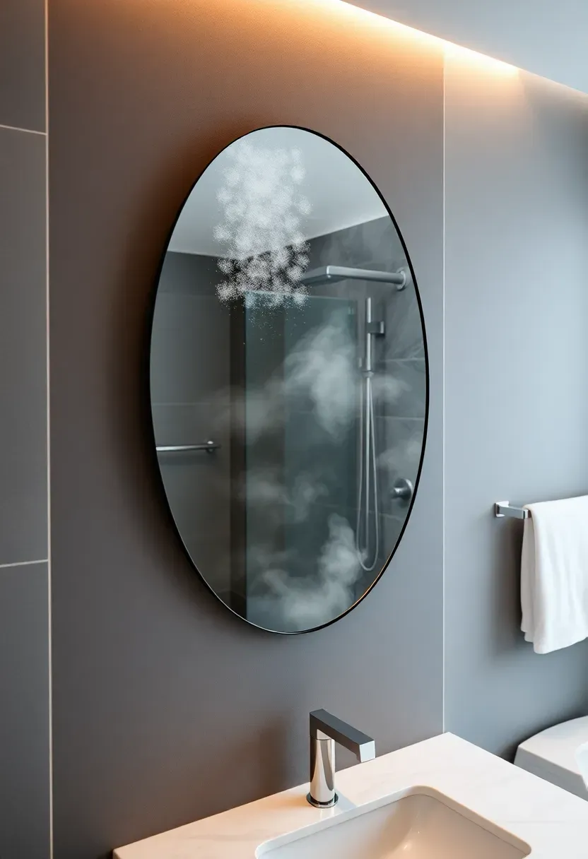 Modern bathroom mirror with crystal-clear reflection while the rest of the room shows visible steam from a shower, demonstrating anti-fog technology