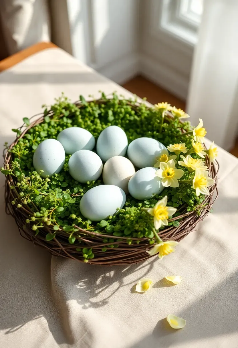 Easter egg nest centerpiece with moss speckled eggs and small spring flowers