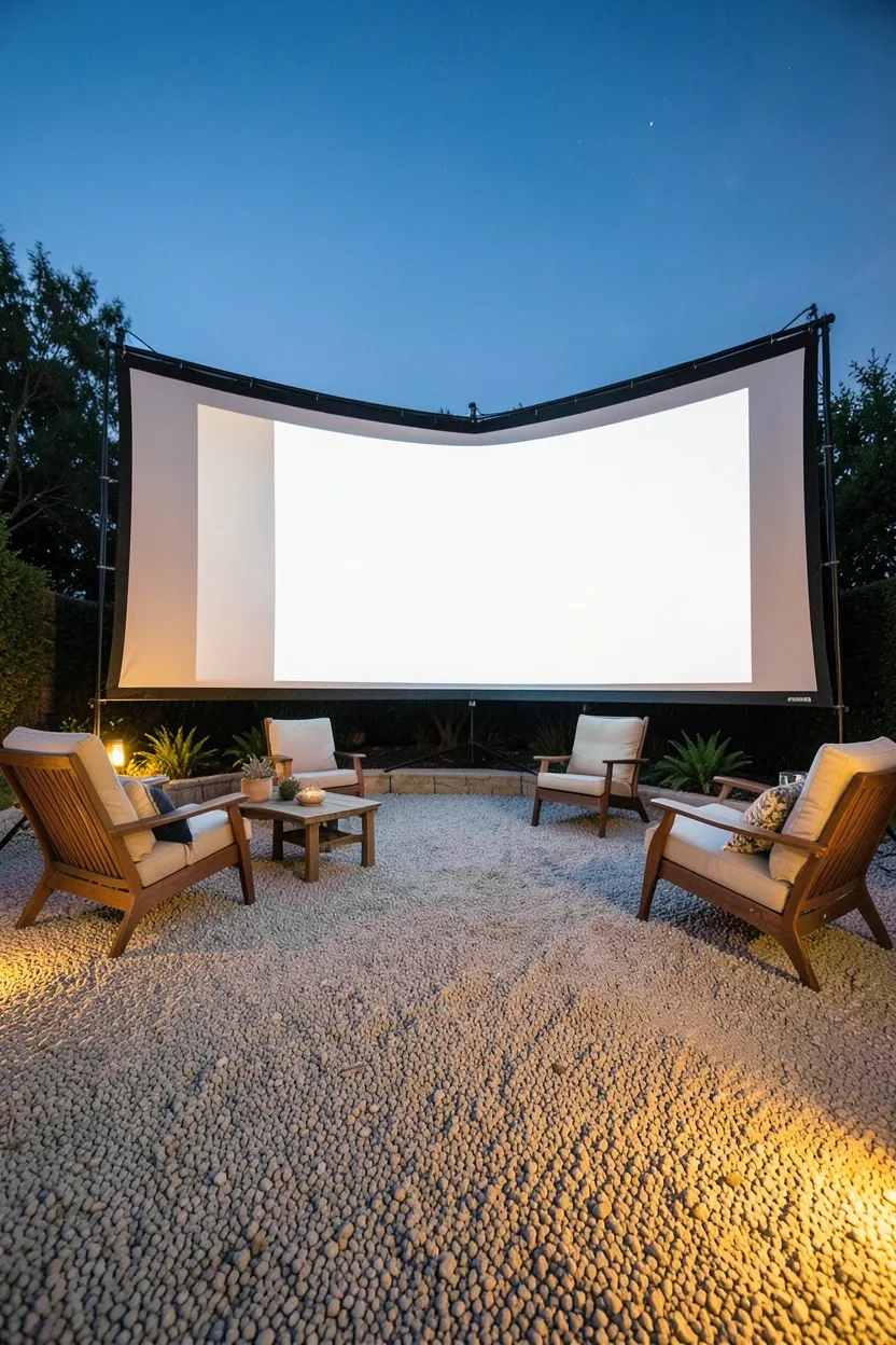 Pea Gravel Patio with Outdoor Movie Theater