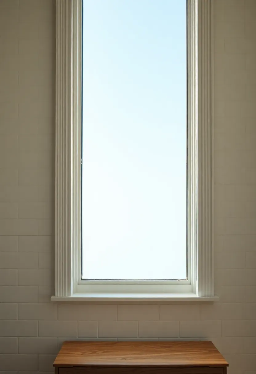 Hyper-realistic close-up of tall narrow bathroom window with frosted lower glass and clear upper section showing soft blue sky, white painted frame, white subway tile walls around, floating oak vanity below. Materials: painted wood window frame, frosted and clear glass, white tile walls, oak vanity. Soft diffuse daylight, blue-ish white sky tones, creamy neutrals. Airy serene mood, shallow depth of field with sharp window frame detail, soft shadows. Vertical 2:3 framing. No text.</p>