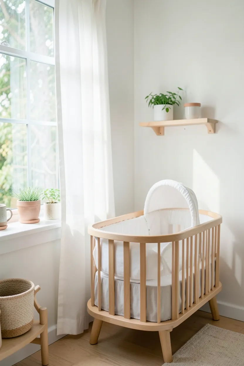 Window-side nursery corner in a rental bedroom with natural light, light-filtering curtains, and a small floating shelf above the bassinet