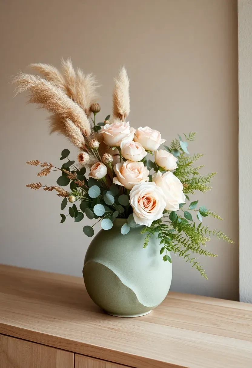 mixed dried flowers and fresh greenery spring centerpiece in ceramic vase