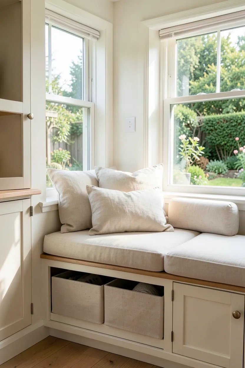 Built-in farmhouse kitchen window seat with linen cushion and lift-up storage drawers underneath