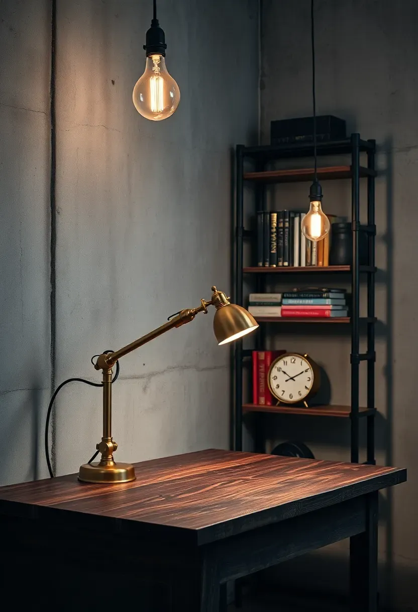Industrial basement office with exposed concrete walls, brass desk lamp, steel pipe shelving, and a dark wood desk