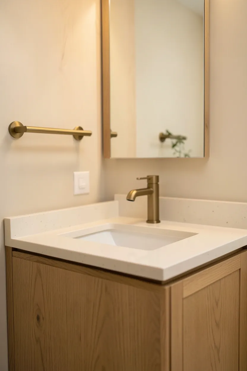 Floating warm oak wood vanity with matte brass hardware in a modern rental bathroom