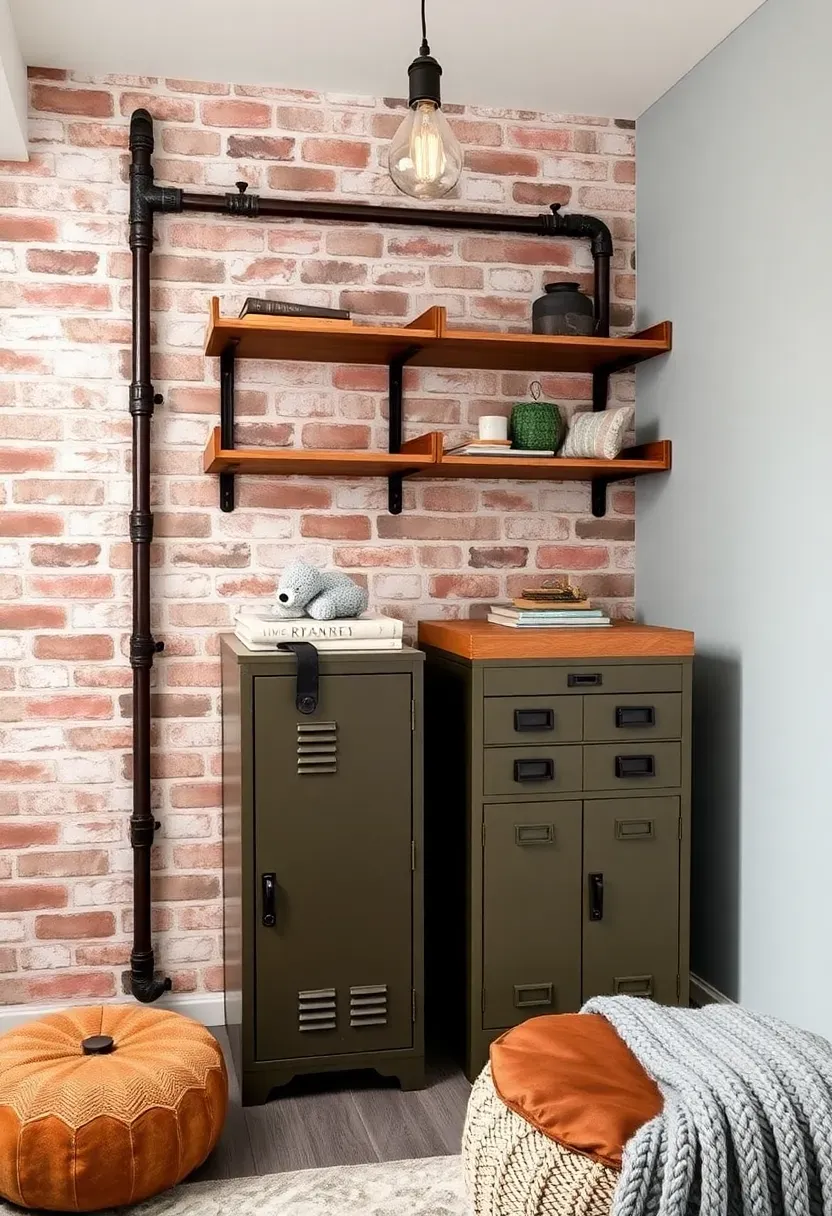 Industrial nursery corner with metal pipe shelving and exposed brick accent