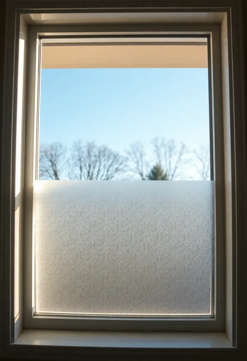 Apartment sunroom window with decorative peel-and-stick frosted window film applied to the lower half, creating a privacy band while allowing clear sky views above, soft diffused light on the indoor side