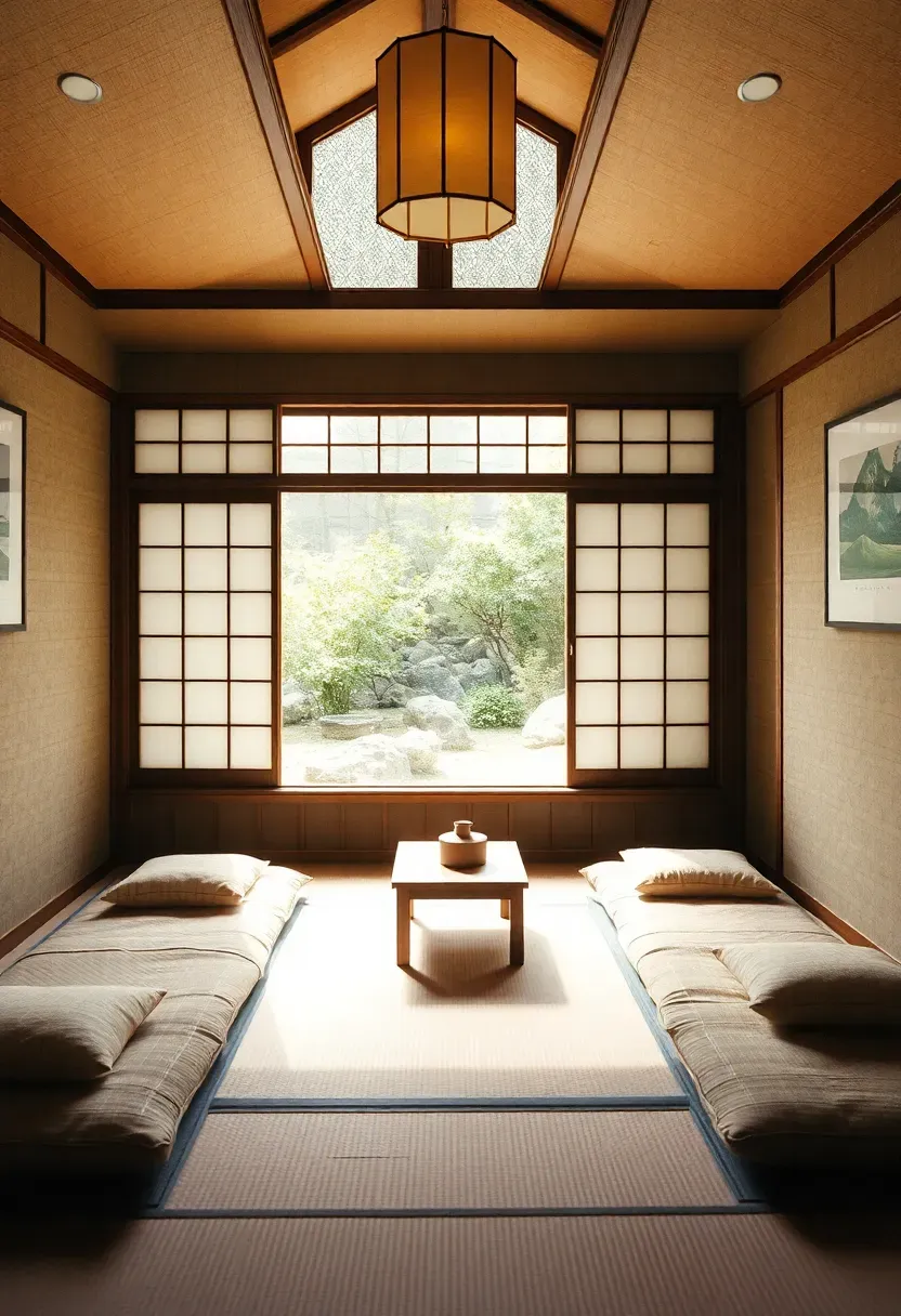 Hyper-realistic view from Japanese tiny house interior toward large window. Low seating area with floor cushions and small table positioned to face window view. Window features shoji screen partially open, showing small garden beyond. Interior: tatami flooring, paper lantern, minimal decor. Materials: wood, paper, cream fabrics, stone visible beyond window. Bright natural light from garden, creating strong indoor-outdoor connection. Shallow depth of field showing garden details through shoji. Serene Japanese living with garden view mood.</p>
