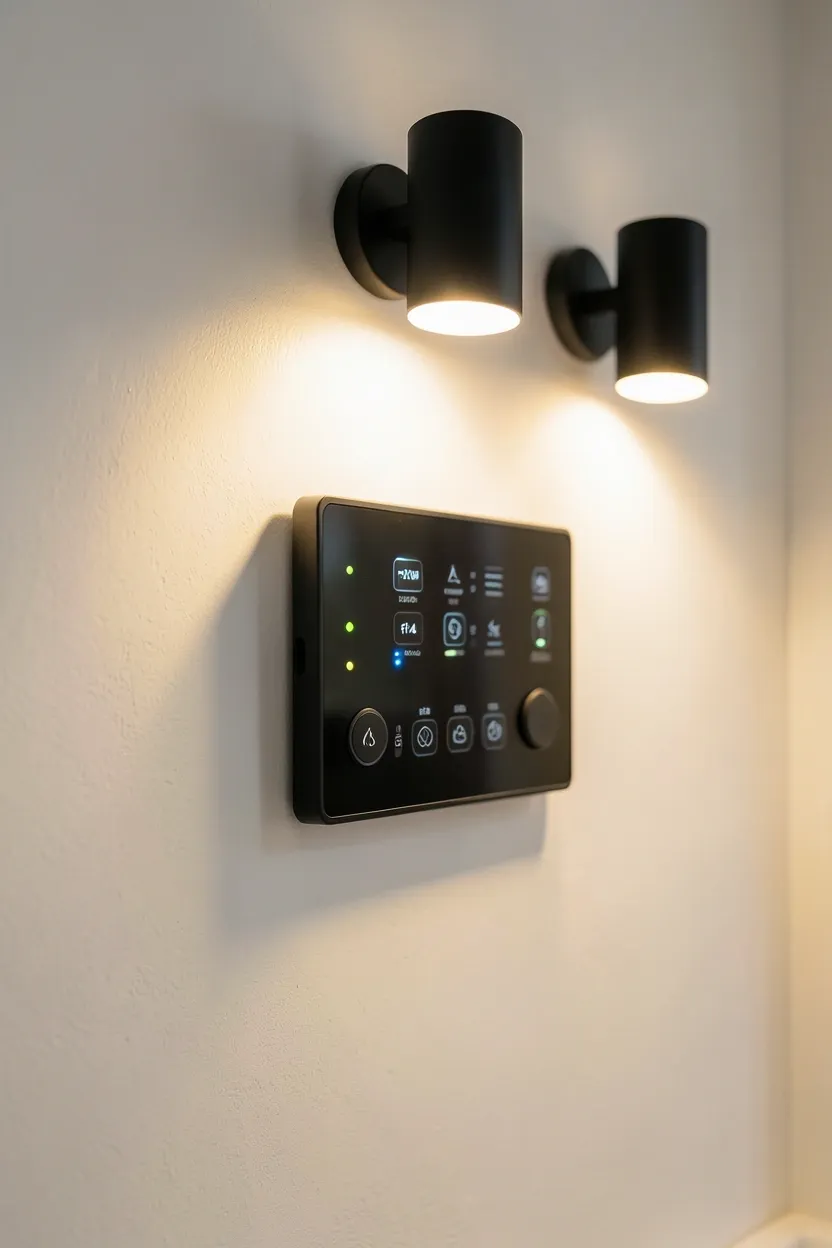 Smart dimmer panel and color-adjustable LED lighting in a modern bathroom with warm evening ambiance