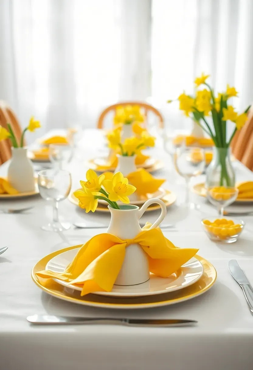 lemon yellow and white Easter table setting with daffodils striped napkins and white ceramics