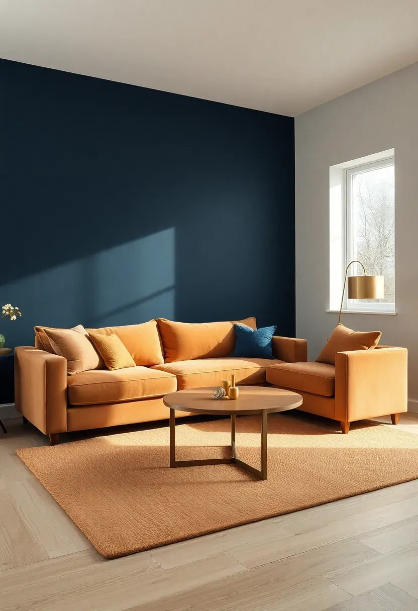 Hyper-realistic wide shot of minimalist living room with navy blue accent wall, camel tan sofa, camel area rug, light oak coffee table, white surrounding walls. Materials: matte navy blue paint, camel tan velvet sofa, camel wool rug, light oak wood, brass table lamp. Warm natural daylight, rich interplay between navy's depth and camel's warmth, elegant and inviting atmosphere. Sharp details on velvet texture and wood grain, clean composition, no clutter, no text, no logos.</p>