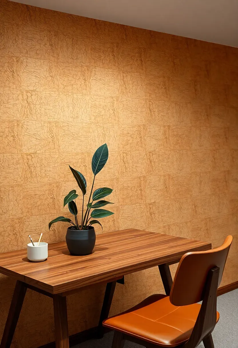 Natural cork tile accent wall in warm honey tones in a basement home office with a wood desk and plants