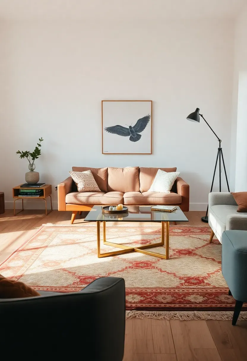 Hyper-realistic 3/4 view of living room mixing furniture eras cohesively. Materials: 1960s teak Danish sofa with tapered legs, contemporary glass and brass coffee table, vintage Moroccan rug in cream and rust, 1970s Italian floor lamp. White walls, light oak floor, black metal accents. Warm diffused light highlighting mix of periods while showing color unity. Uncluttered arrangement with breathing room between pieces. Curated timeline aesthetic.</p>