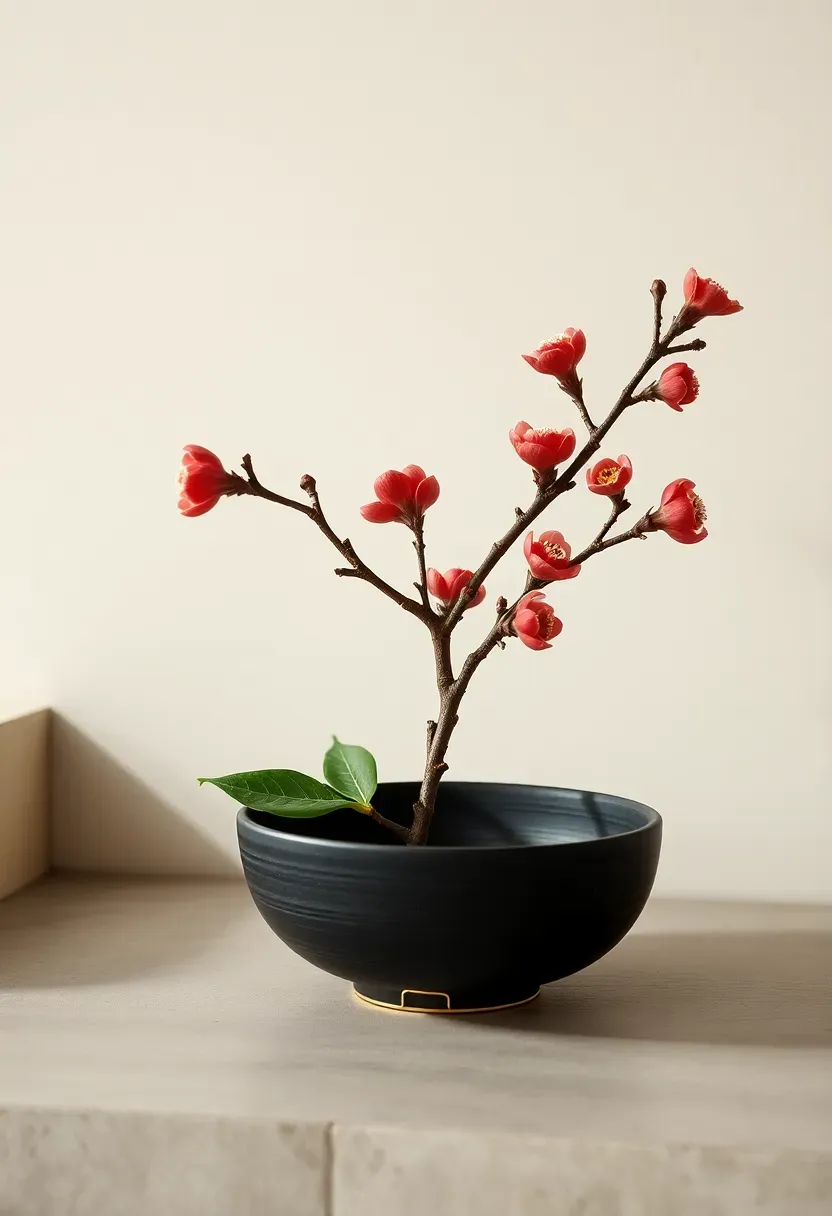 modern ikebana single stem spring arrangement in a minimalist ceramic vessel